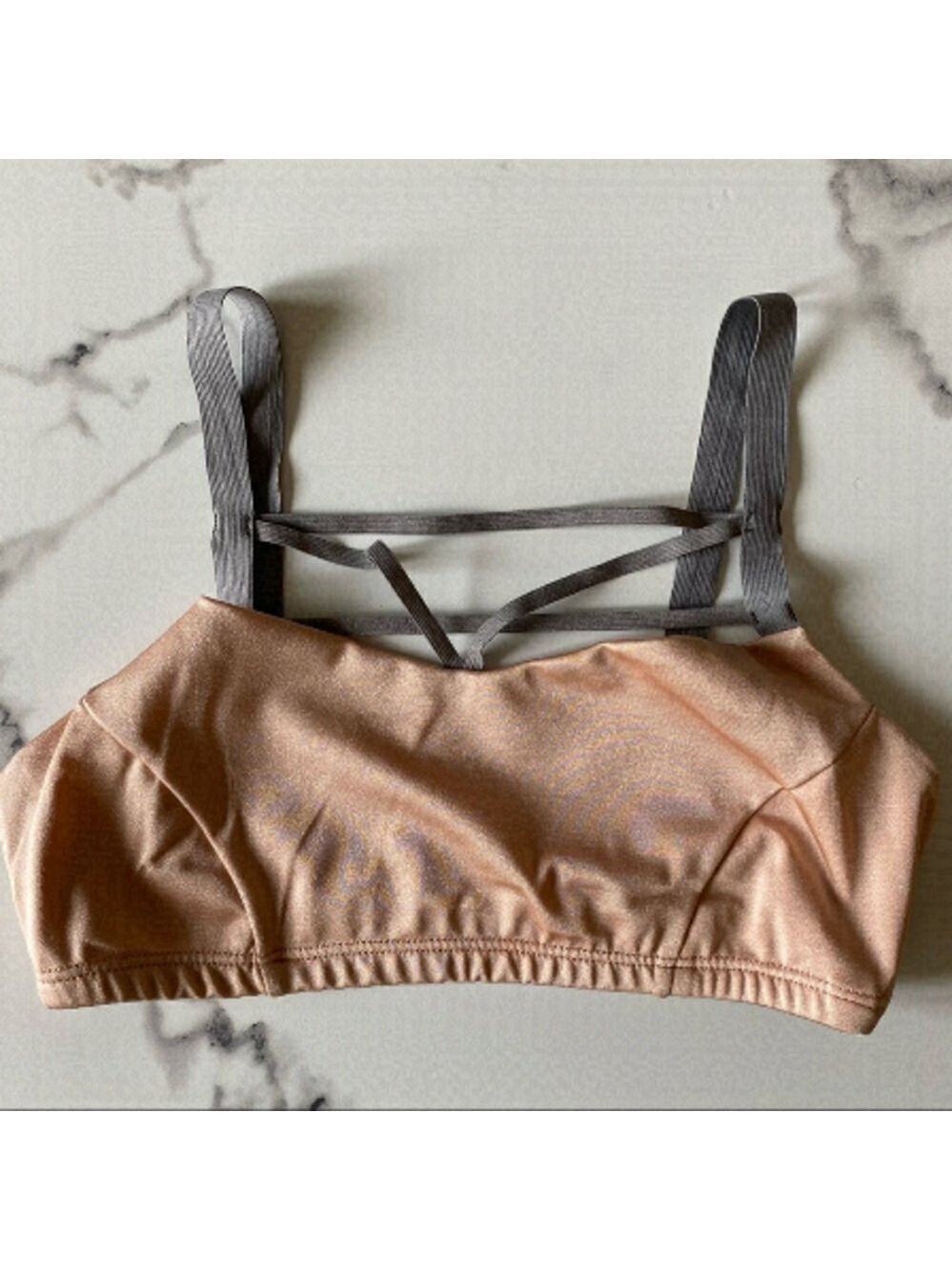 Onzie Blush Pink and Grey Strappy Sports Bra Cropped Top